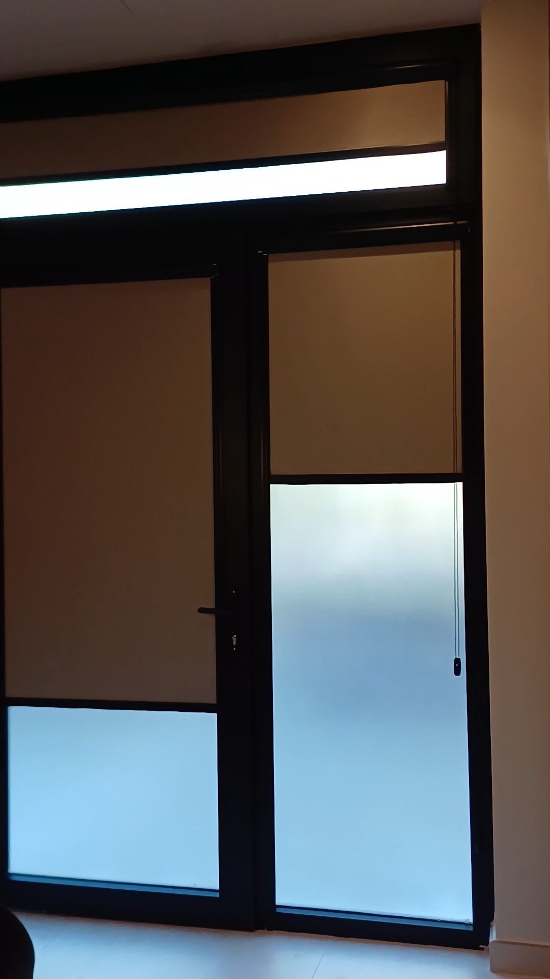 Puerta de aluminio negro con estores enrollables