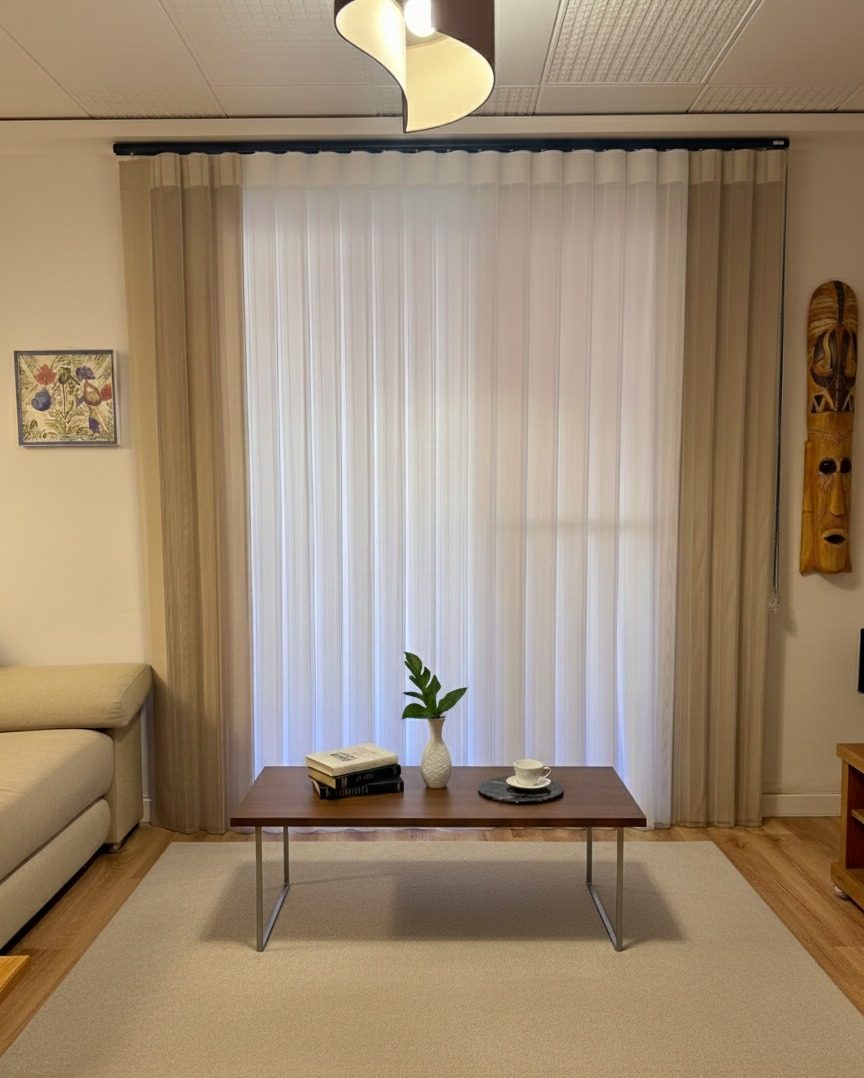 Salón con cortina beige y visillo blanco en barra negra